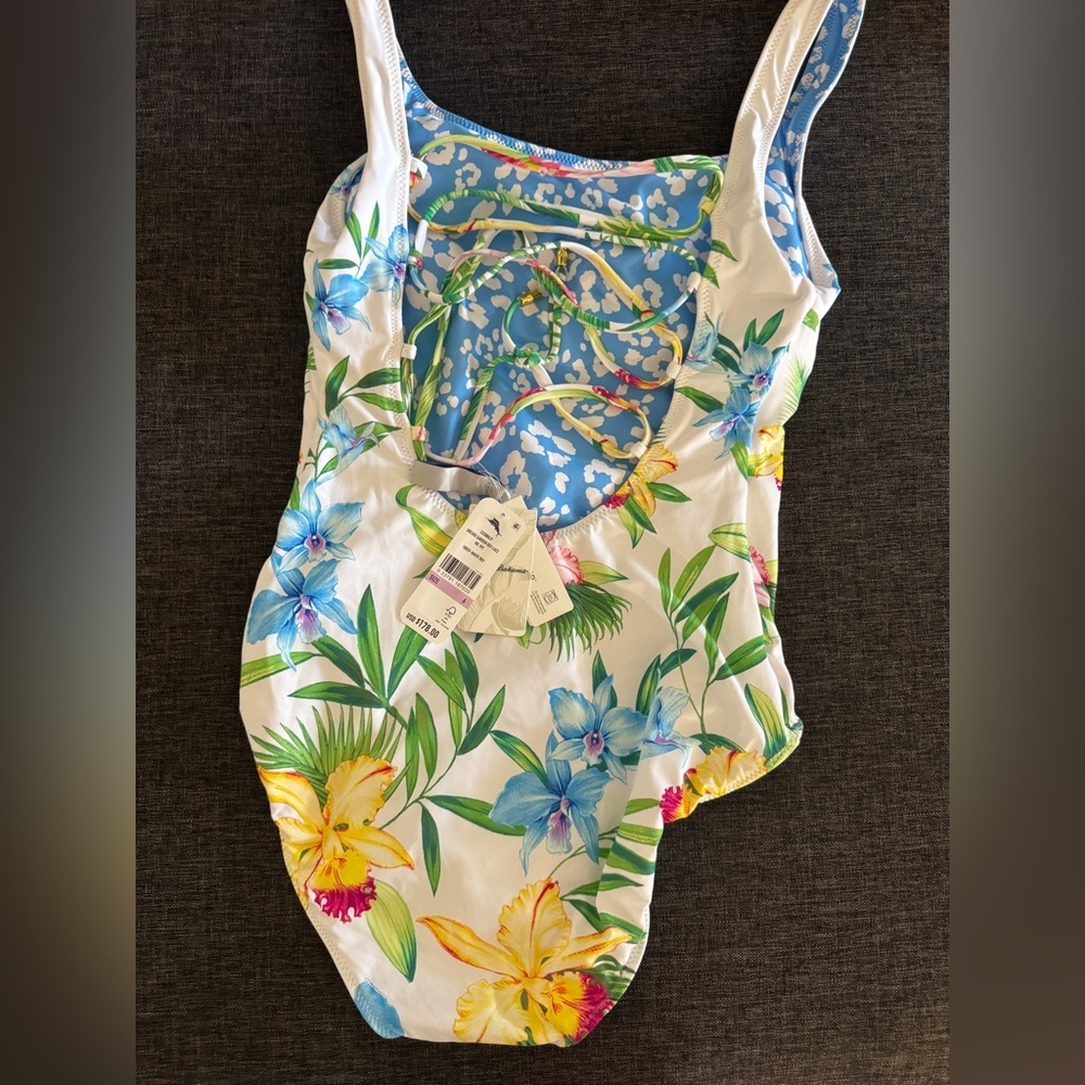 NEW  TOMMY BAHAMA Orchid Garden Reversible Lace-Back One-Piece Swimsuit Size 6 - Picture 7 of 8